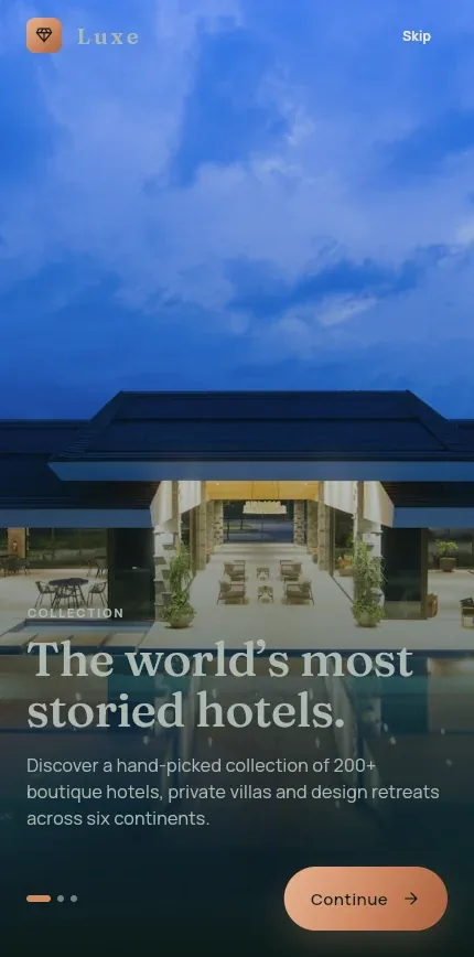 Luxe hotel booking app on a phone