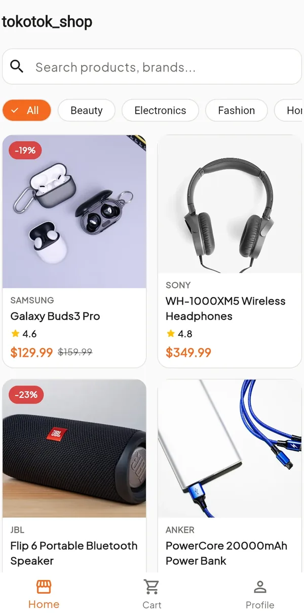 TokoTok — Electronics store — deals, categories and cart