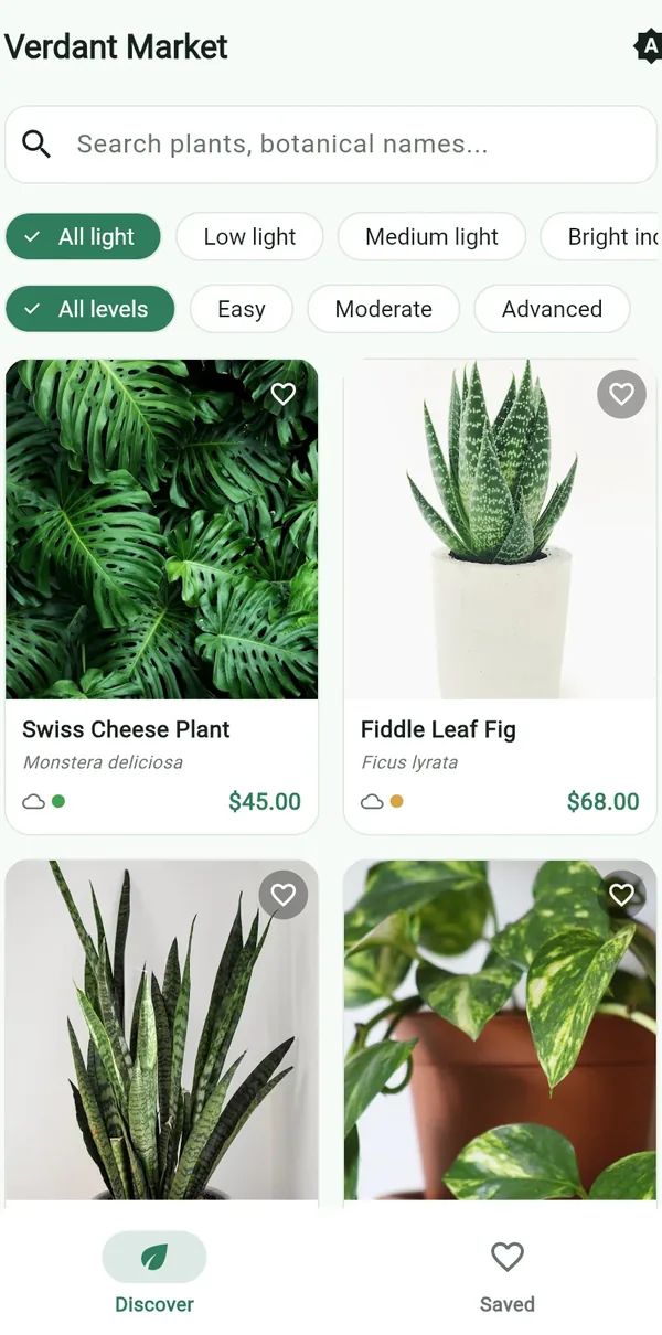 Verdant Market — Plant shop — browse by light and care level